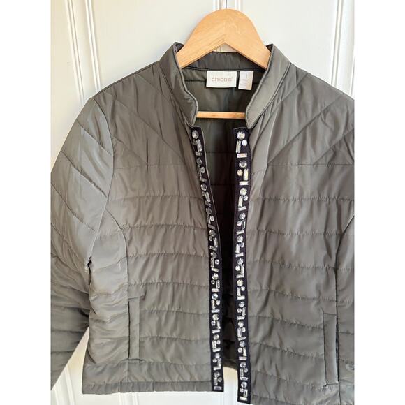 Chicos Quilted Open Front Embellished Jacket Olive Green Women's Size 1 - Picture 3 of 6